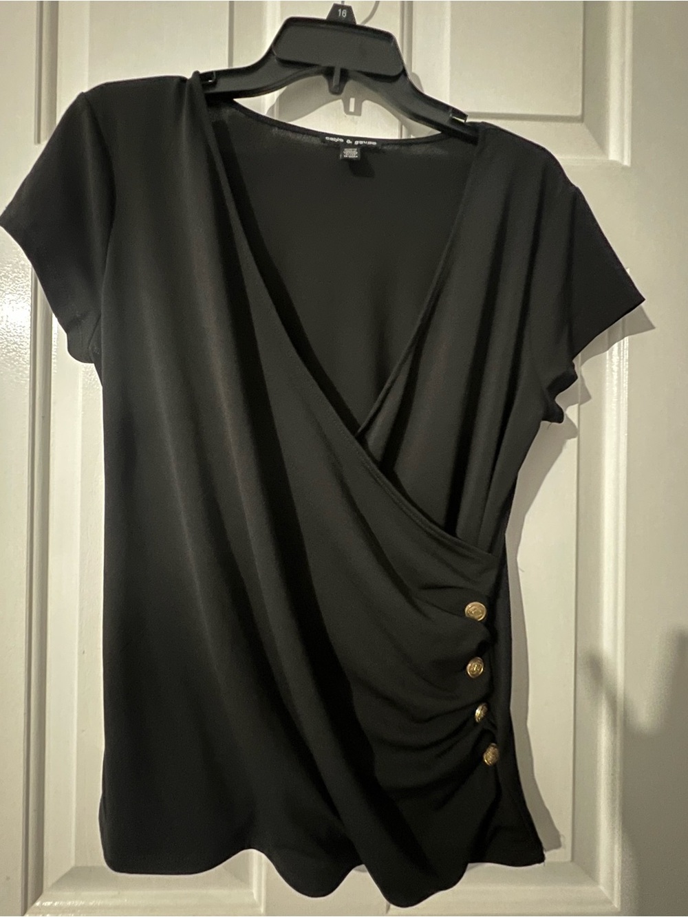 Cable & Gauge Black Wrap-Front Short Sleeve Top with Gold Buttons